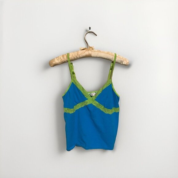 PINK Victoria's Secret Tops - VTG Pink by VS BabydolI‎ Top Indigo Blue Lined Neon Green Lace Sz L Y2K Coquette